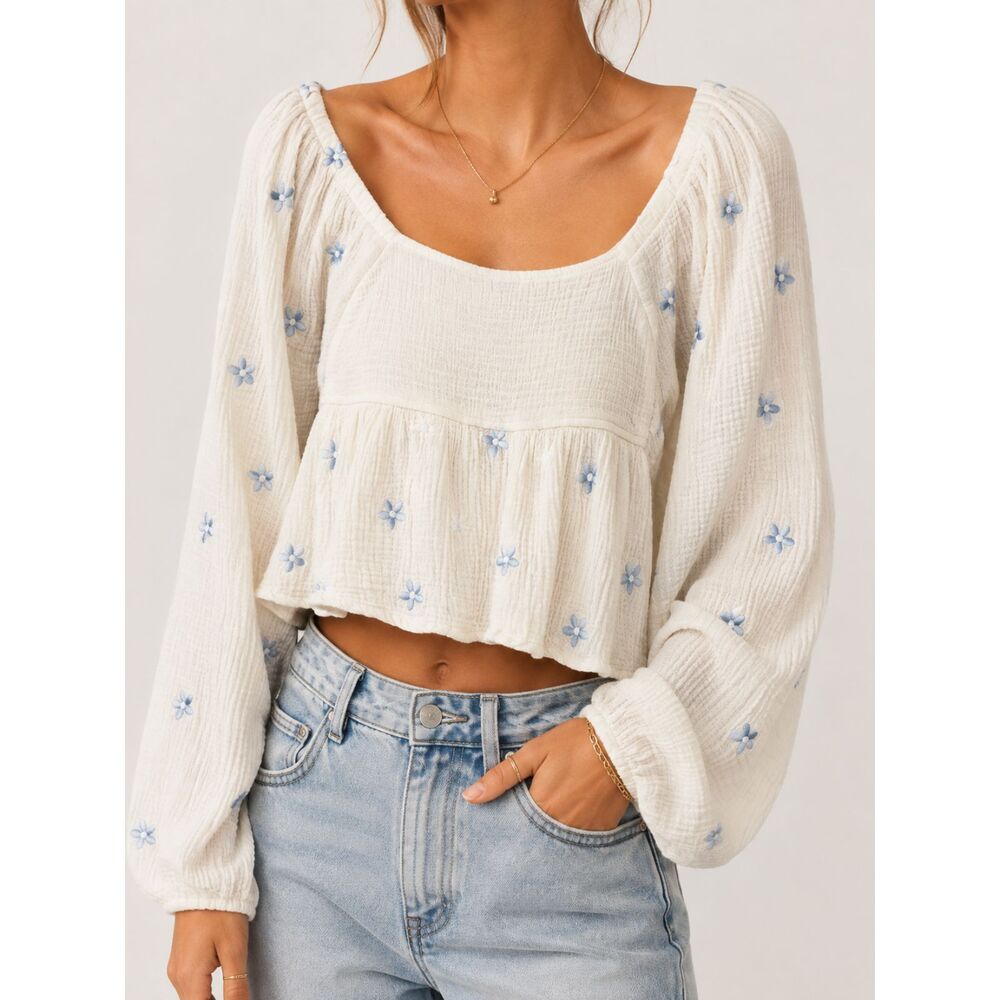 Altar'd State Large Ivory Blue Floral Embroidered Gauze Peplum Top Cottagecore